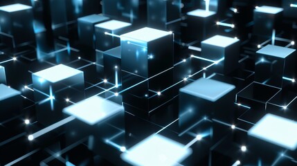 Blockchain Technology: Glowing Cubes and Blocks on Dark Blue Background