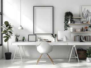 Elegant Simplicity: A4 White Frame Mockup Shines in Modern Office Space