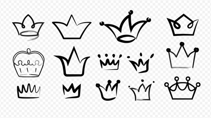 Doodle king crown collection isolated on transparent background. Sketchy or graffity stylized royal diadem set. Vector design elements.