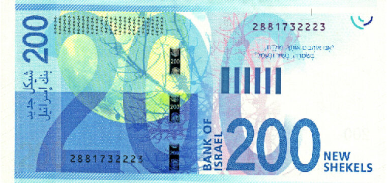 Vector reverse high polygonal pixel mosaic banknote of Israel. Denominations of bill 200 new shekels. Game money of flyer. Part 2