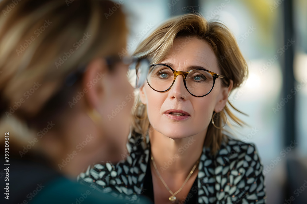 Wall mural A middle aged professional business woman wearing glasses engaged in conversation with another woman.