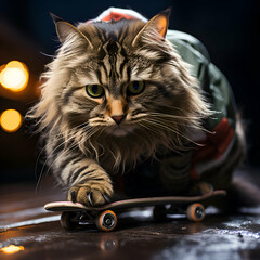 Siberian cat with skateboard on a dark background - obrazy, fototapety, plakaty
