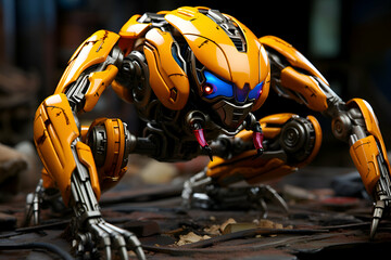 Close up of Bumblebee robot in a garage - obrazy, fototapety, plakaty