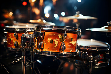 Drums set on stage. Close up of musical instruments. - obrazy, fototapety, plakaty