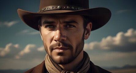 Portrait of a cowboy with hat in western