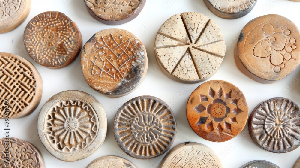 Aufkleber a collection of dried clay discs each imprinted with a different intricate pattern using stamping to