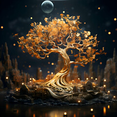 3d illustration of fantasy landscape with golden tree. planet and moon - obrazy, fototapety, plakaty
