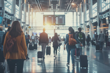 Back view of passengers and traveling luggage walking in the airport terminal. Travel and lifestyle concept for travel agency, posters, and airport services advertisement. 