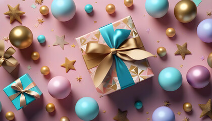 A top view illustration of pastel-colored and golden balls, stars, and a gift box arranged in a flat lay style