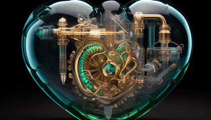 a steampunk heart made of gears and cogs in a glass container with a black background.