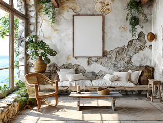 Tranquil Tuscan Charm: Rustic Room with White Frame Mockup and Ocean View