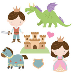 Fototapeta premium Cute medieval princess, prince and dragon set vector cartoon illustration