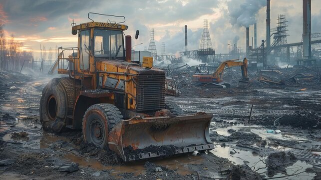 A lone bulldozer sits abandoned in a post-apocalyptic landscape.