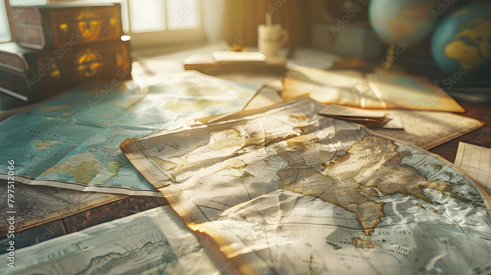 Poster A pile of maps spread out on the desk. representing exploration and discovery. The backdrop is out of focus