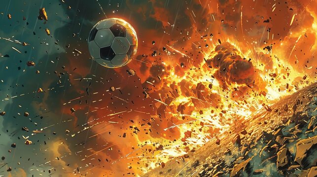 A soccer ball flies through a fiery explosion.