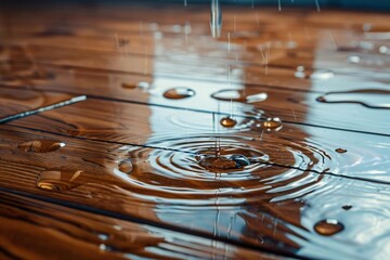 Wet wooden flooring with water on hardwood floor