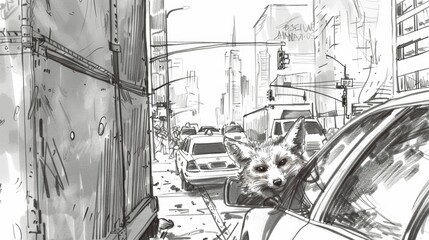 Naklejka premium An ink sketch of a fox peeking out from behind a dumpster surrounded by bustling city traffic..
