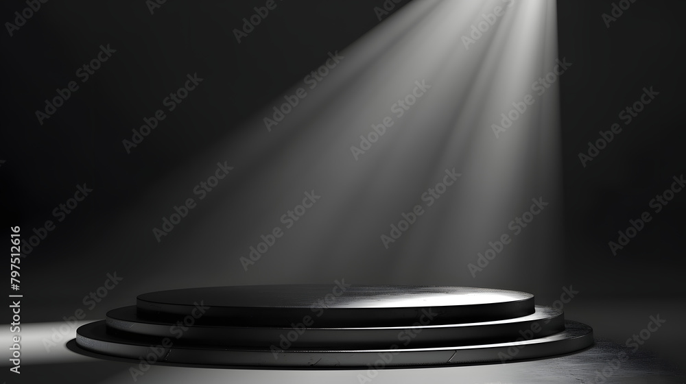 Poster a podium with a black and white gradient background. light coming from the right side of the stage. 