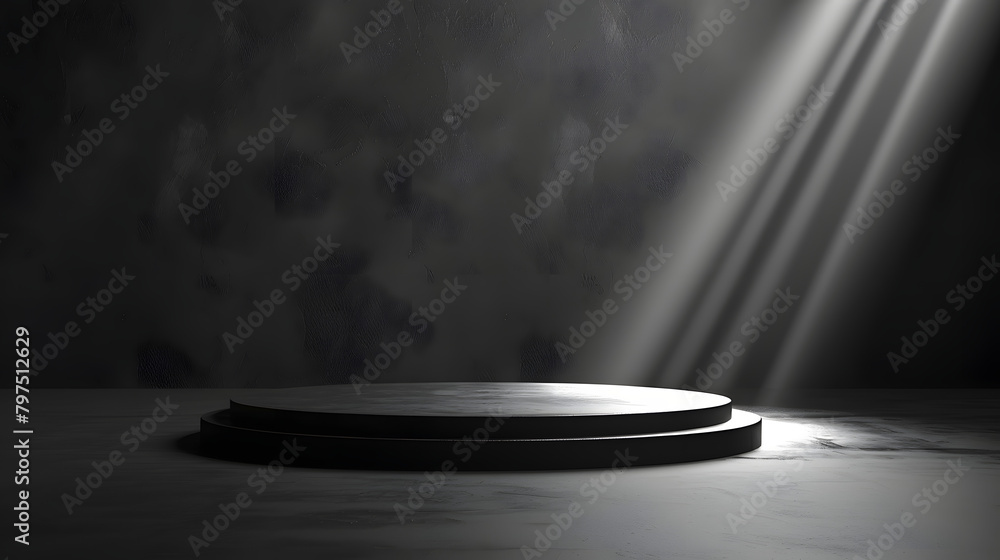 Poster a podium with a black and white gradient background. light coming from the right side of the stage. 