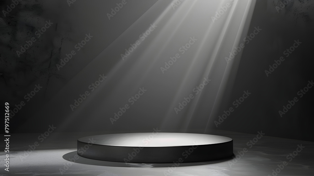 Poster a podium with a black and white gradient background. light coming from the right side of the stage. 