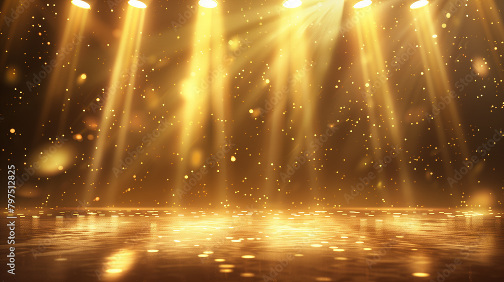 Poster a simple stage background with a shimmering gold hue, illuminated by spotlights casting dynamic shad