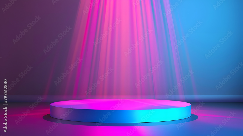 Poster a podium with a cyan and magenta gradient background. light coming from the right side of the stage.