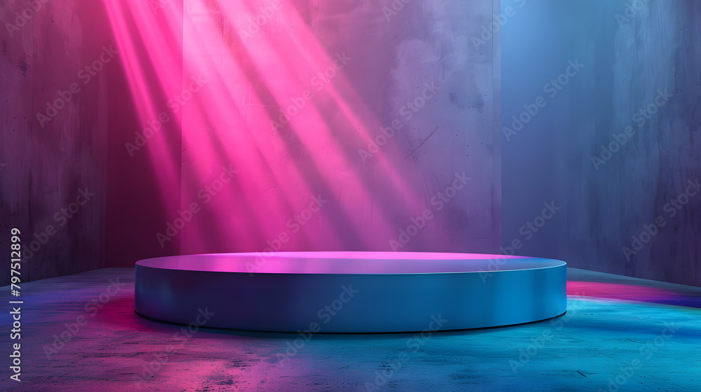 Poster a podium with a cyan and magenta gradient background. light coming from the right side of the stage.