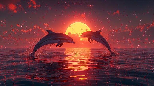 Two dolphins jumping out of the water at sunset with a red sky.