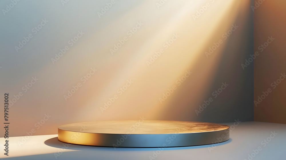 Poster a podium with a gold and silver gradient background. light coming from the right side of the stage. 