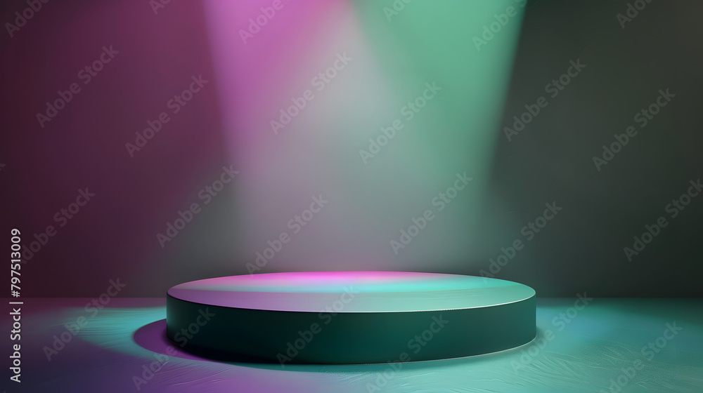 Poster a podium with a green and purple gradient background. light coming from the right side of the stage.