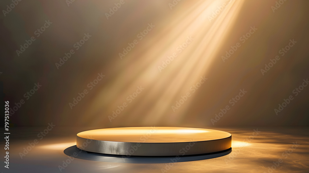 Poster a podium with a gold and silver gradient background. light coming from the right side of the stage. 