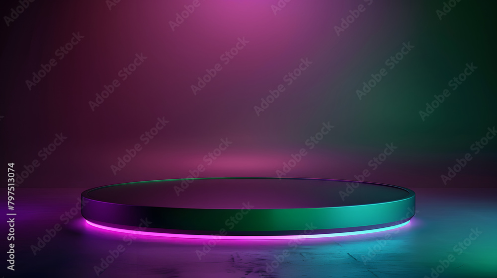 Poster a podium with a green and purple gradient background. light coming from the right side of the stage.