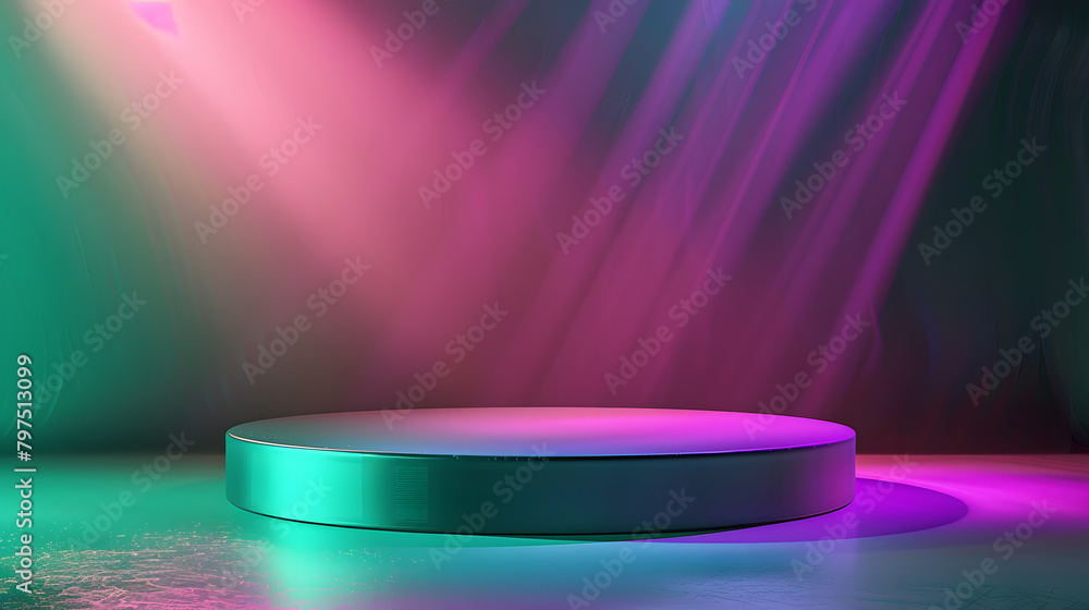 Poster a podium with a green and purple gradient background. light coming from the right side of the stage.