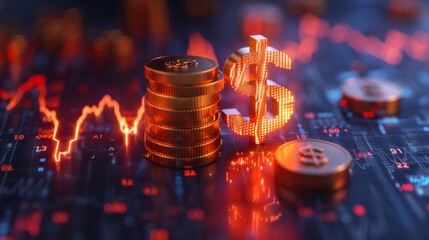 Halving US dollar symbol and stacks of gold bars with a fluctuating market graph, depicting financial market fluctuations.