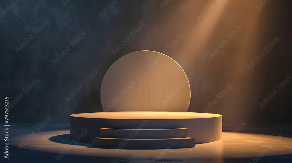 Poster a podium with a olive and navy gradient background. light coming from the right side of the stage. t
