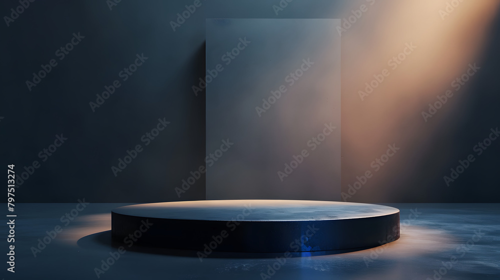 Poster a podium with a olive and navy gradient background. light coming from the right side of the stage. t
