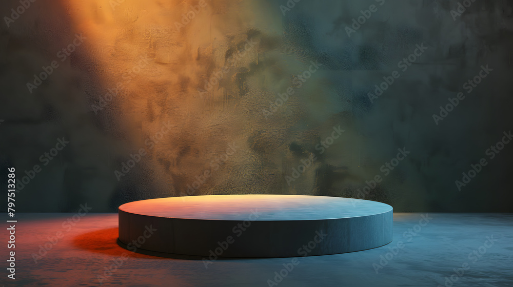 Poster a podium with a olive and navy gradient background. light coming from the right side of the stage. t