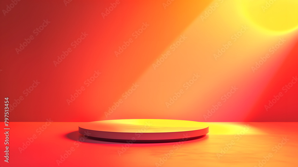 Poster a podium with a red and yellow gradient background. light coming from the right side of the stage. t