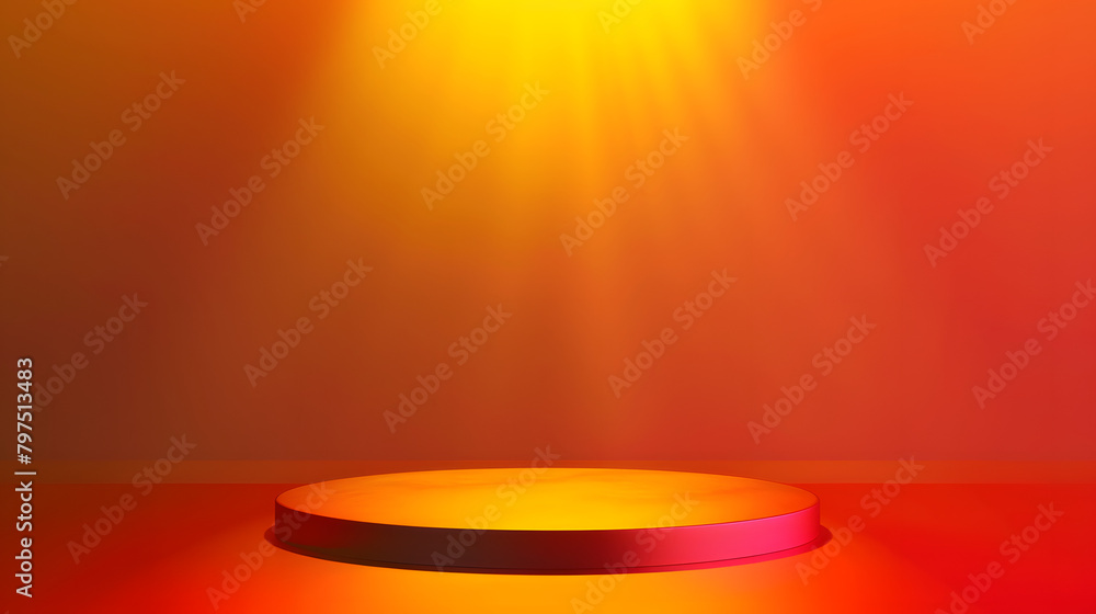 Poster a podium with a red and yellow gradient background. light coming from the right side of the stage. t