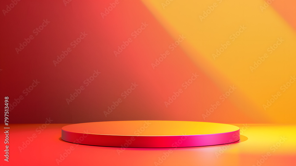 Poster a podium with a red and yellow gradient background. light coming from the right side of the stage. t