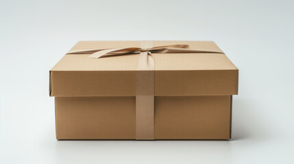 A brown gift box with brown gift ribbon isolated light grey background. Viewed from the front with soft light and shadow