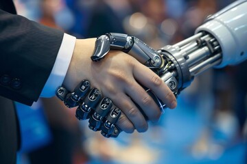 Isolated human and robot shaking hands in AI concept