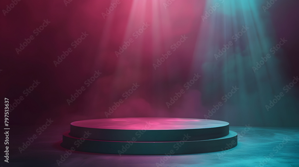 Poster a podium with a teal and maroon gradient background. light coming from the right side of the stage. 