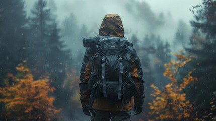 A solitary figure wanders through the forest, backpack in tow, seeking adventure and self-reflection in nature's embrace.
