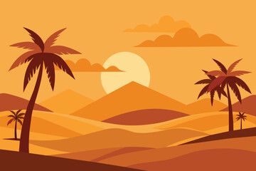Fototapeta na wymiar Desert Panorama Background with Palm Trees vector design