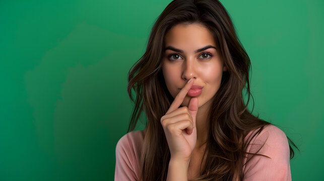 a pretty woman with long brown hair shushing. holding her finger to her mouth in front of a green background. 