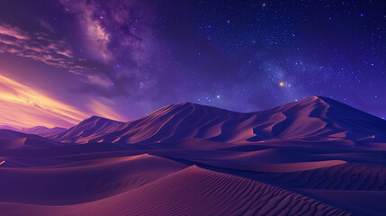 an otherworldly desert landscape with towering dunes and a brilliant, starlit sky. - obrazy, fototapety, plakaty