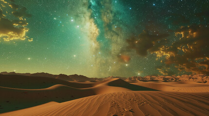 an otherworldly desert landscape with towering dunes and a brilliant, starlit sky.