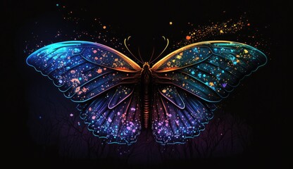 Fototapeta na wymiar A neon butterfly with intricate, glowing wings, set against a starry sky