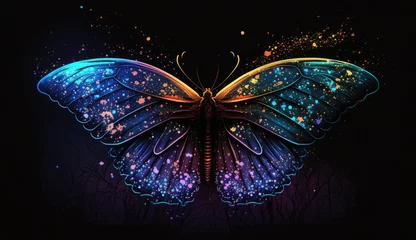 Wanddecoratie Grunge vlinders A neon butterfly with intricate, glowing wings, set against a starry sky  © Horsi